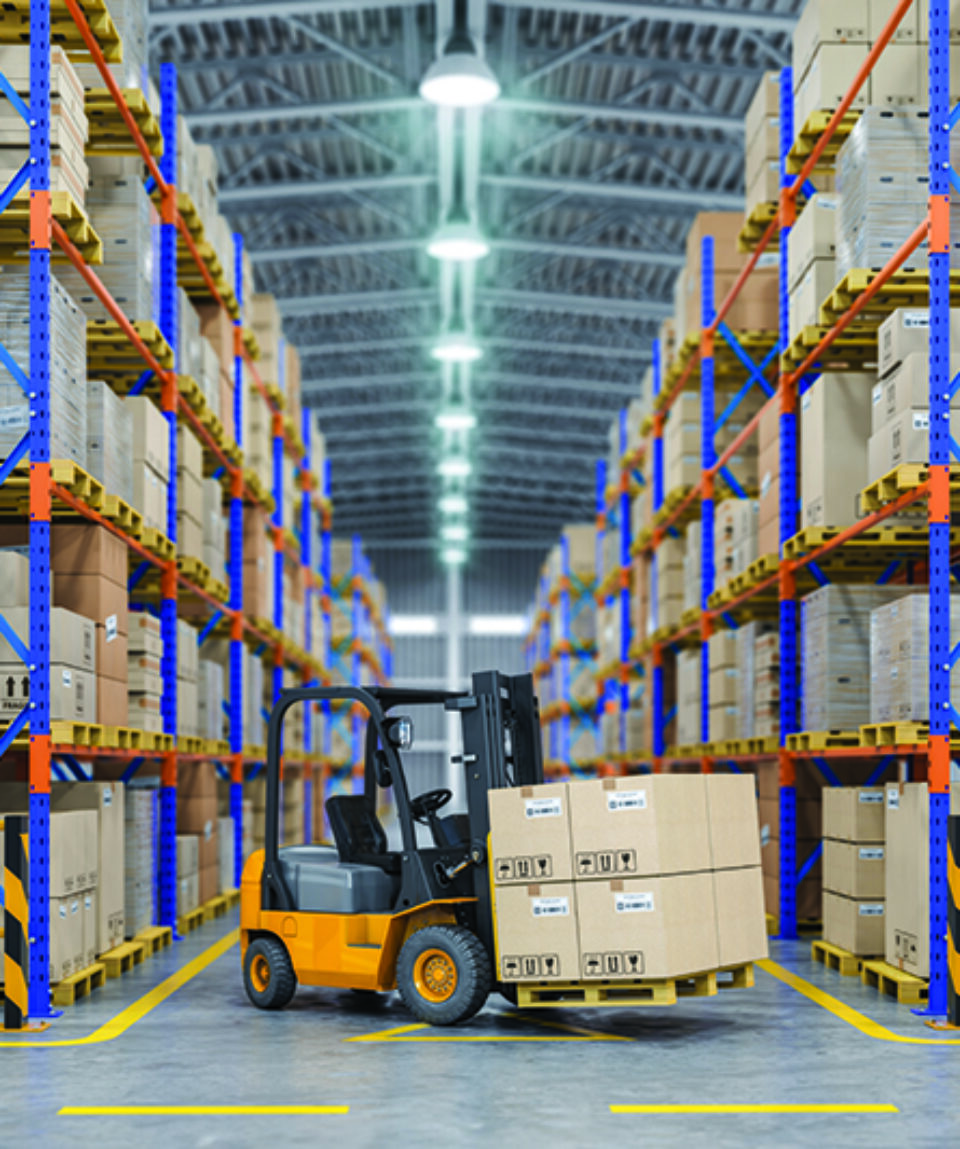 Forklift truck in warehouse or storage and shelves with cardboard boxes.